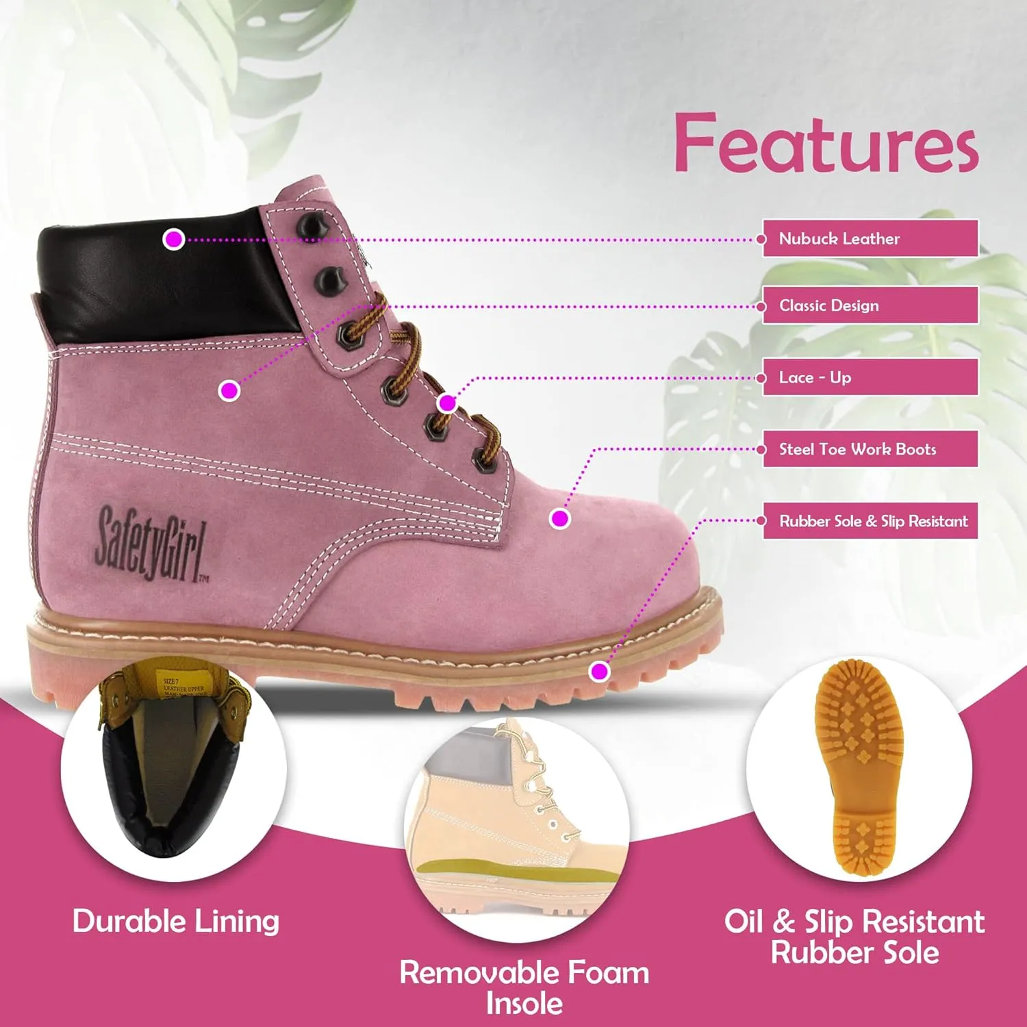 SafetyGirl Steel Toe Work Boots - Light Pink - 9.5W