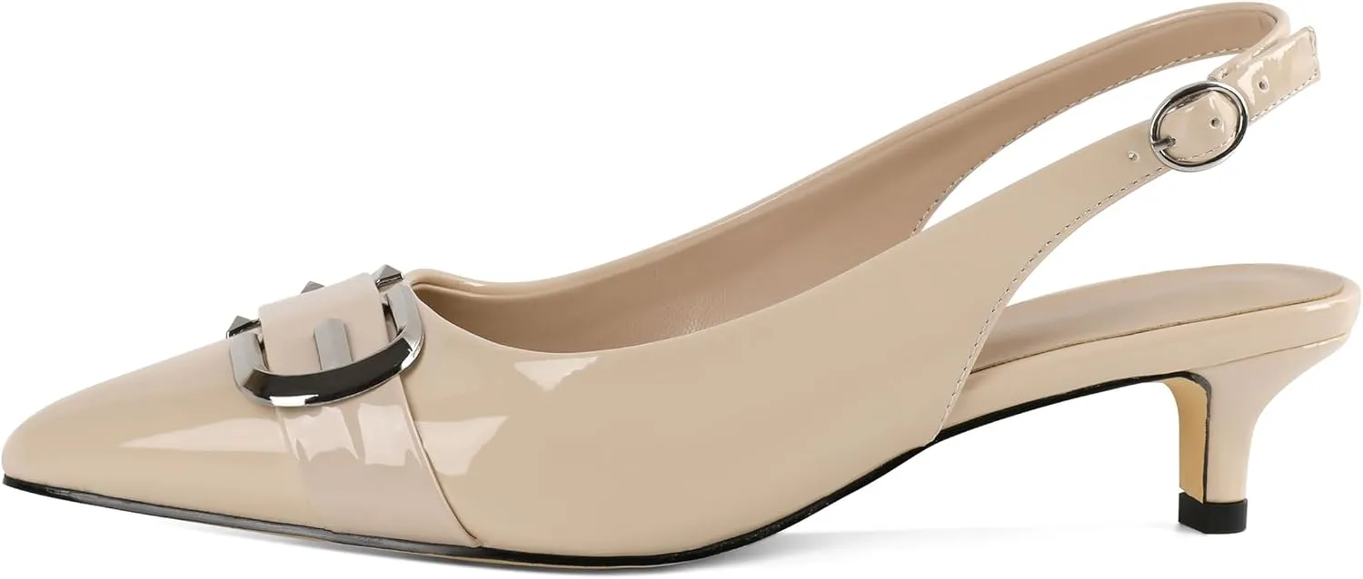 Slingback Kitten Heels for Womens Low Heel Pumps with Mental Buckle Pointed Toe Heels Elegant Comfortable Pumps 1.6 Inch Adorable Pumps