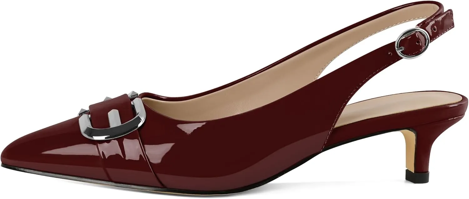 Slingback Kitten Heels for Womens Low Heel Pumps with Mental Buckle Pointed Toe Heels Elegant Comfortable Pumps 1.6 Inch Adorable Pumps
