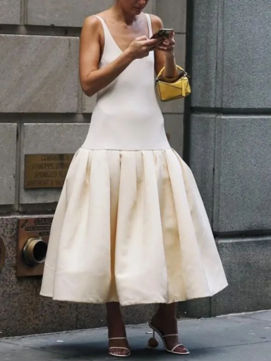 Solid Color Split-Joint Skinny Sleeveless U-neck Slip Dress Midi Dresses