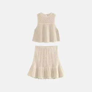 Solivette Set – Beige – Lace-knit ruffle skirt