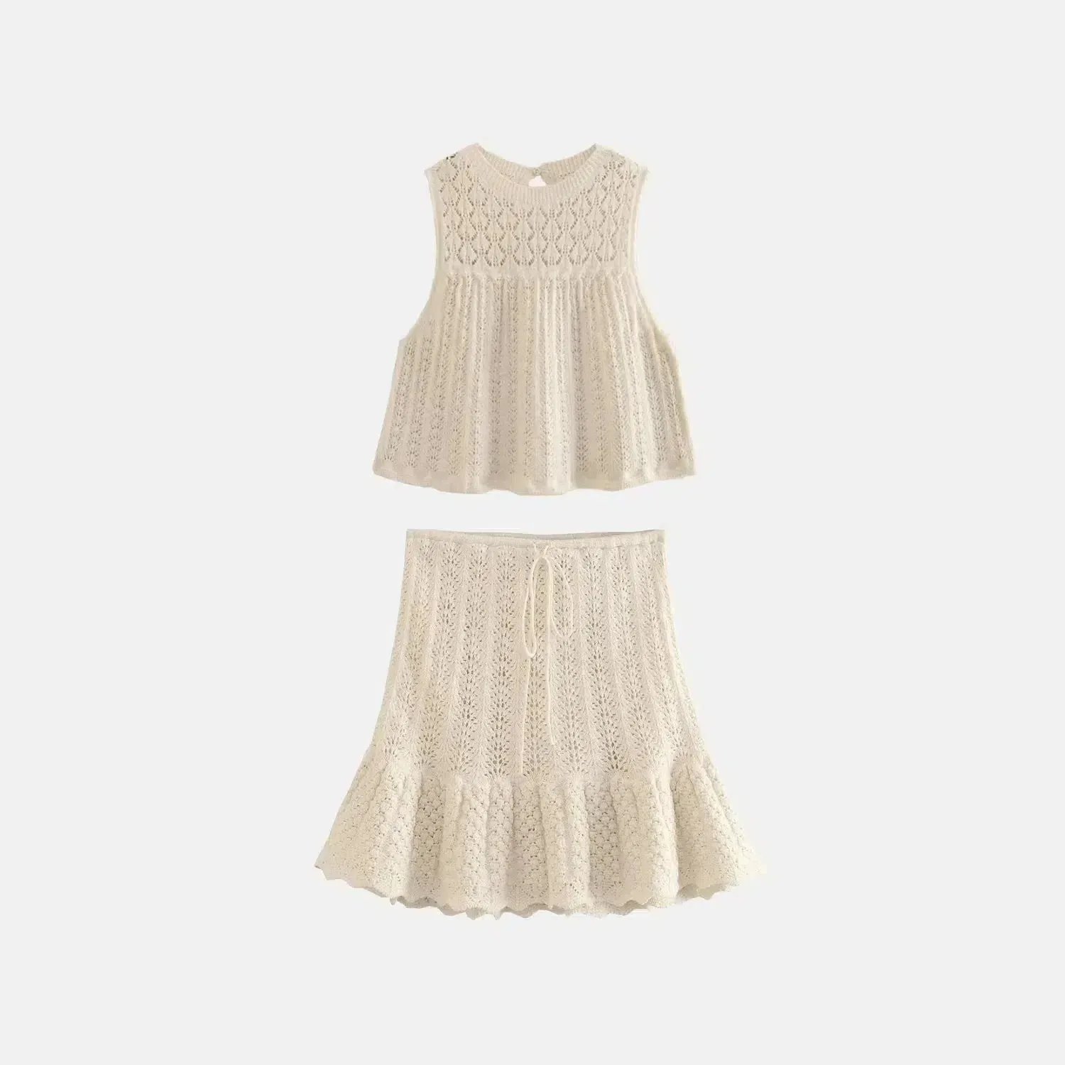 Solivette Set – Beige – Lace-knit ruffle skirt