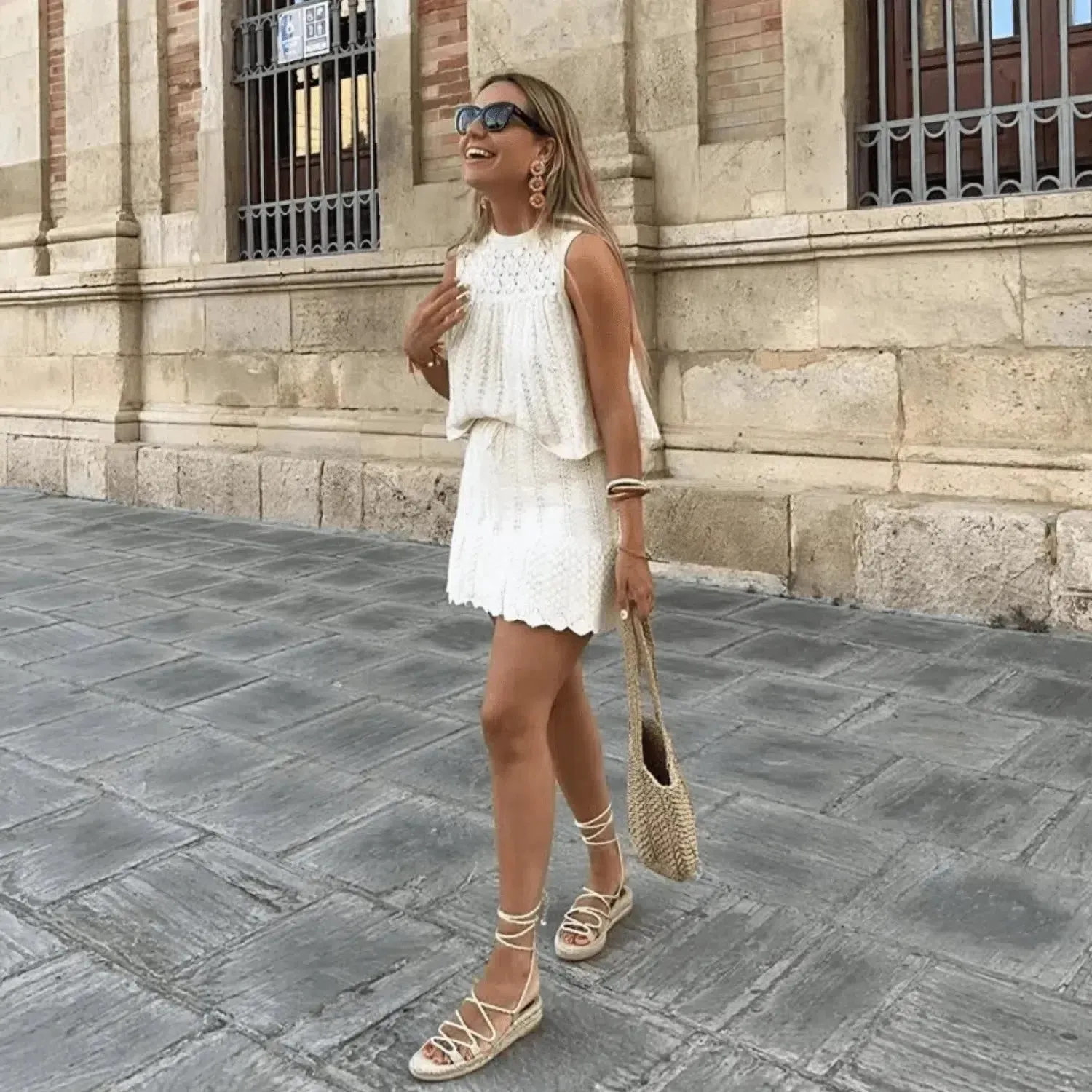 Solivette Set – Beige – Lace-knit ruffle skirt