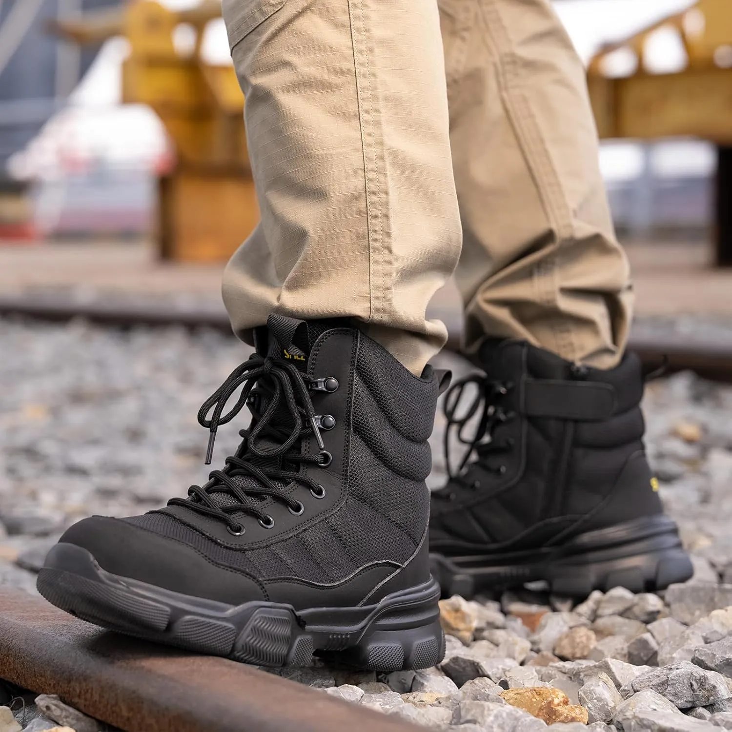 SPIEZ Steel Toe Boots for Men Industrial Construction Safety Boots with Side Zipper Puncture-Proof,Lightweight Work Boots Hiking Military Tactical Shoes