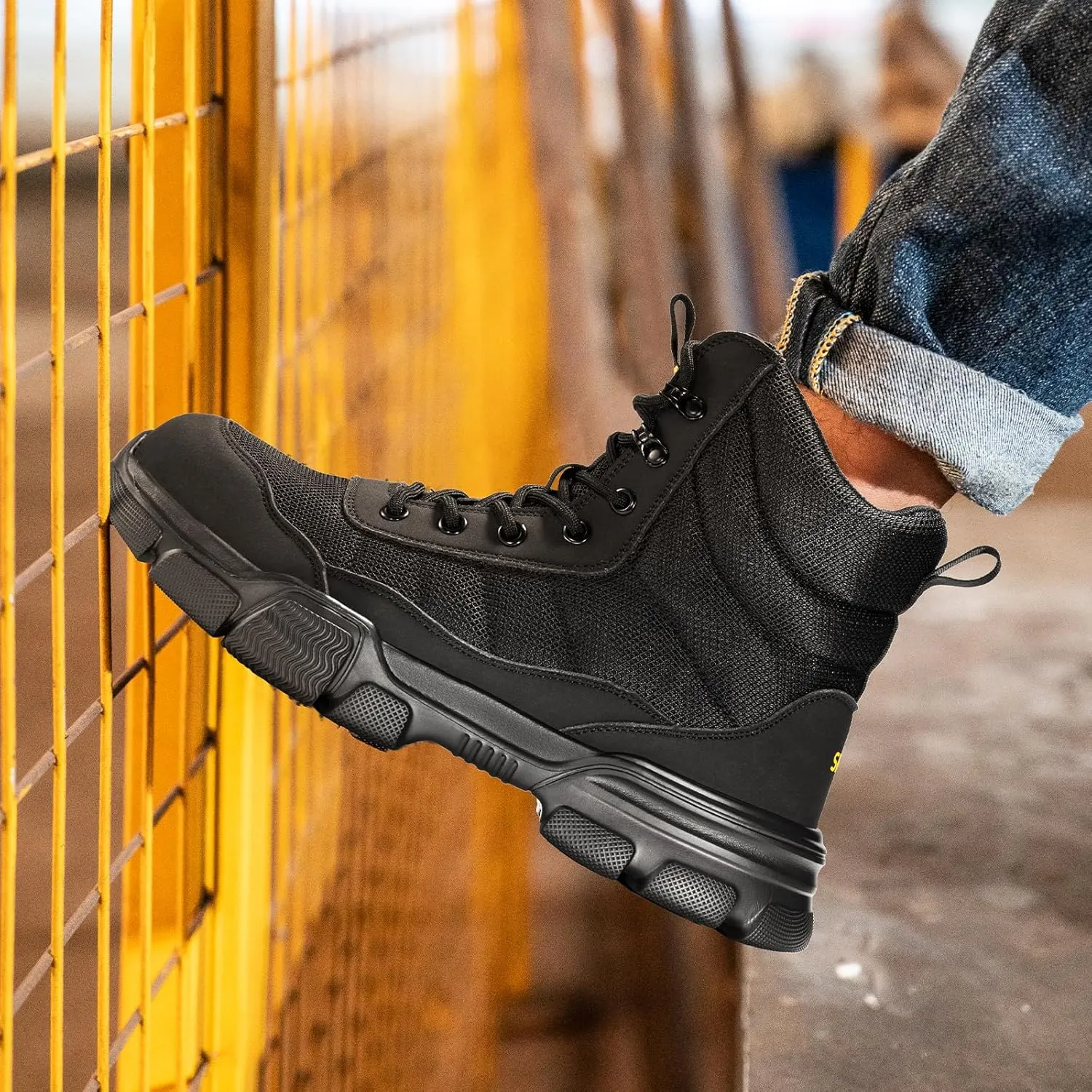 SPIEZ Steel Toe Boots for Men Industrial Construction Safety Boots with Side Zipper Puncture-Proof,Lightweight Work Boots Hiking Military Tactical Shoes