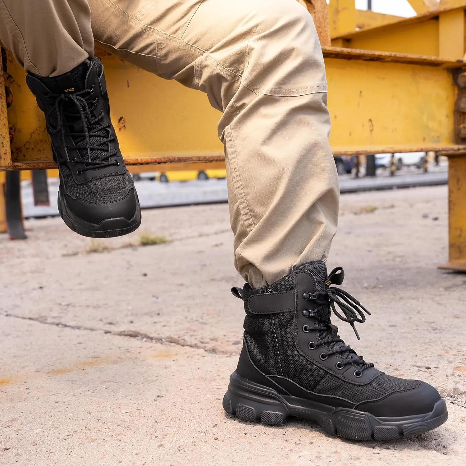 SPIEZ Steel Toe Boots for Men Industrial Construction Safety Boots with Side Zipper Puncture-Proof,Lightweight Work Boots Hiking Military Tactical Shoes