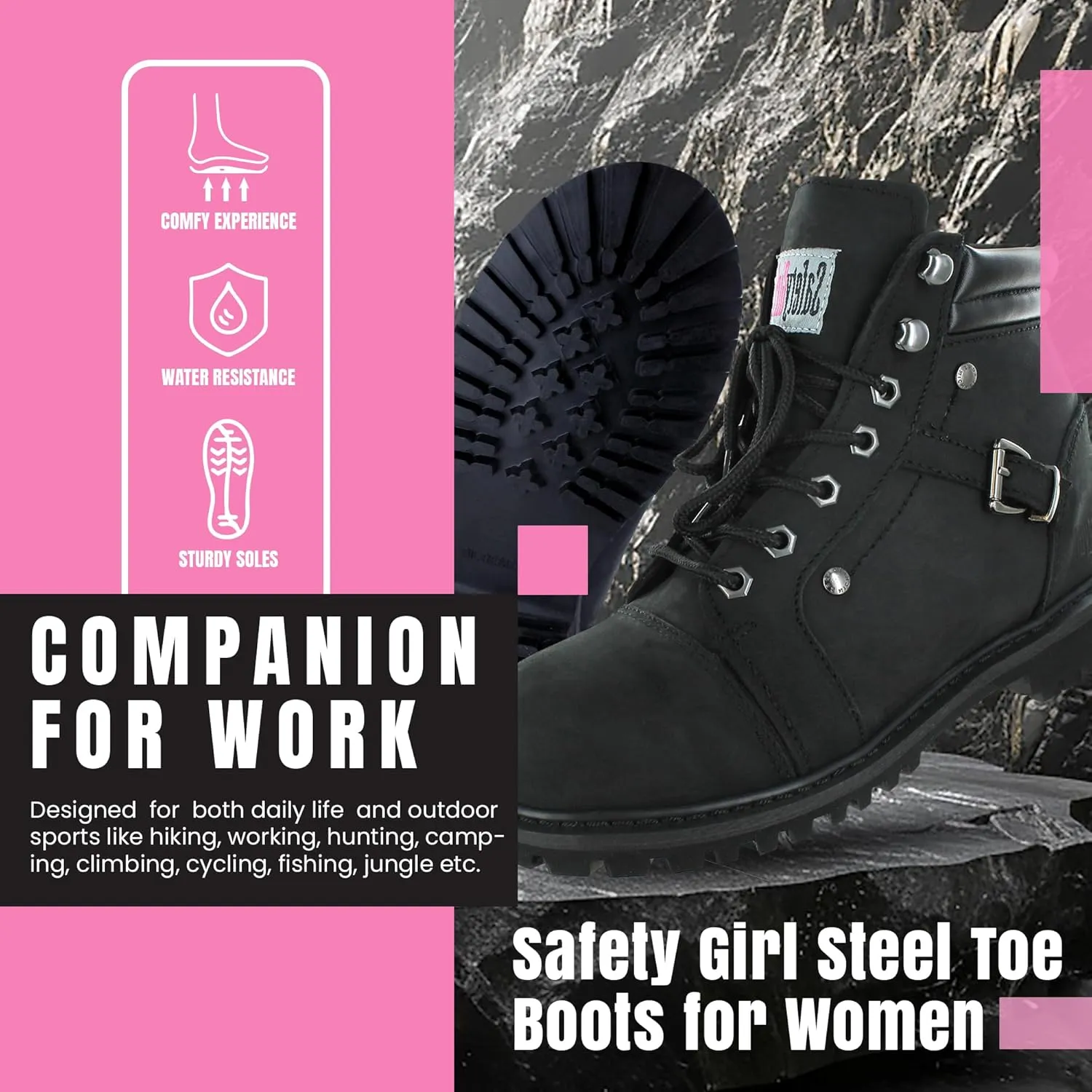 Steel Toe Boots for Women - Black - 7.5M | Waterproof Women's Fusion Work Boots | Leather Work Boots | Rugged Goodyear Welt Construction | Oil Resistant Outsoles & Cushioned Insoles
