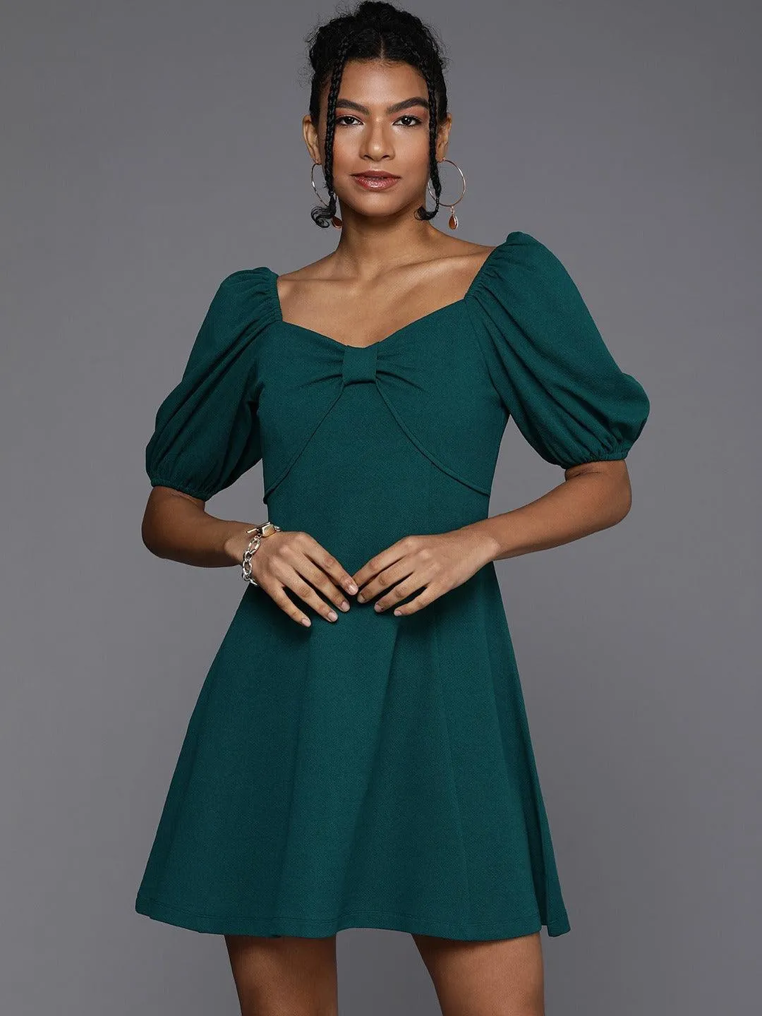 Style Quotient Women Teal Green Puff Sleeves Dress With Twisted Detail
