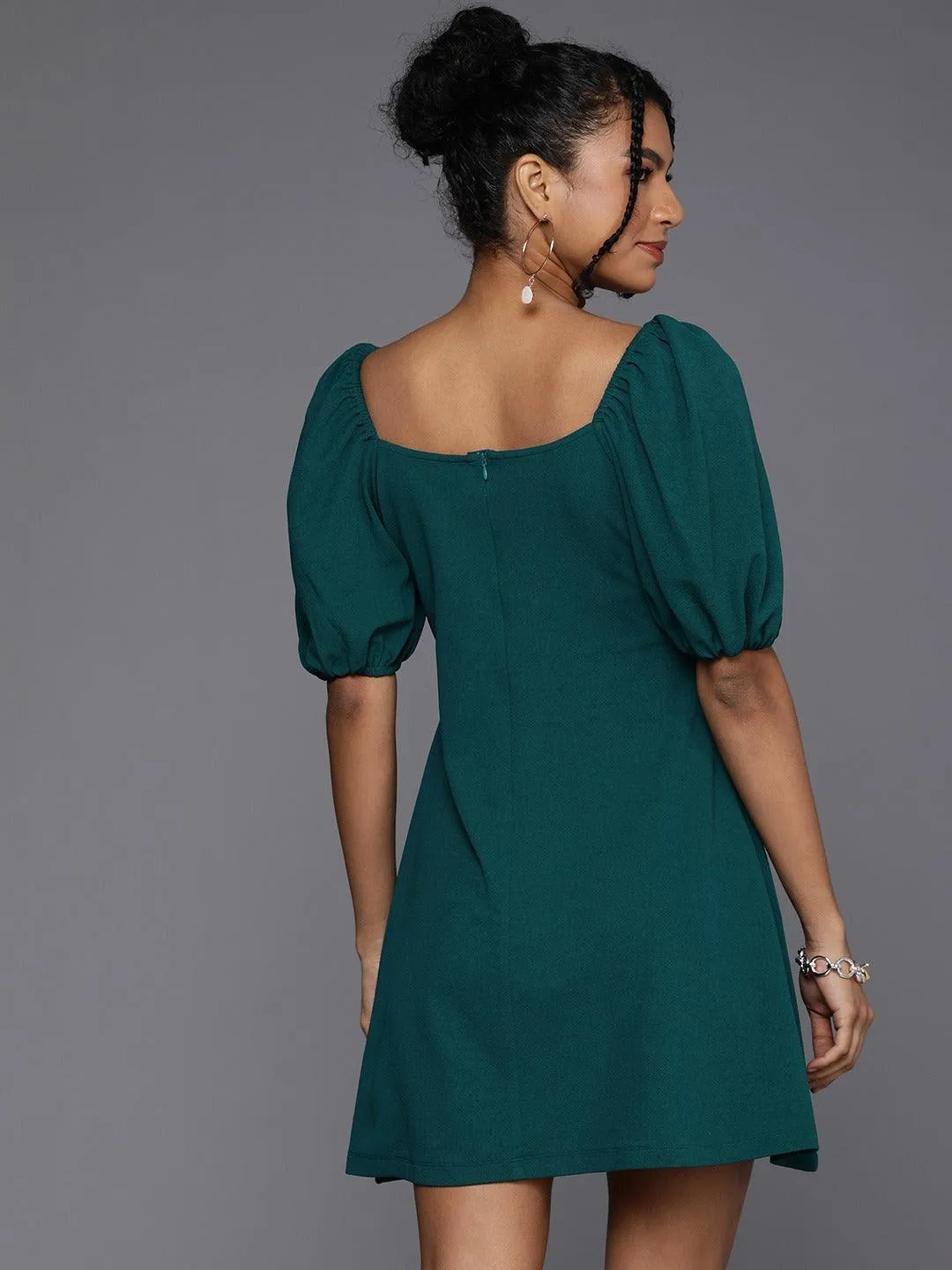 Style Quotient Women Teal Green Puff Sleeves Dress With Twisted Detail