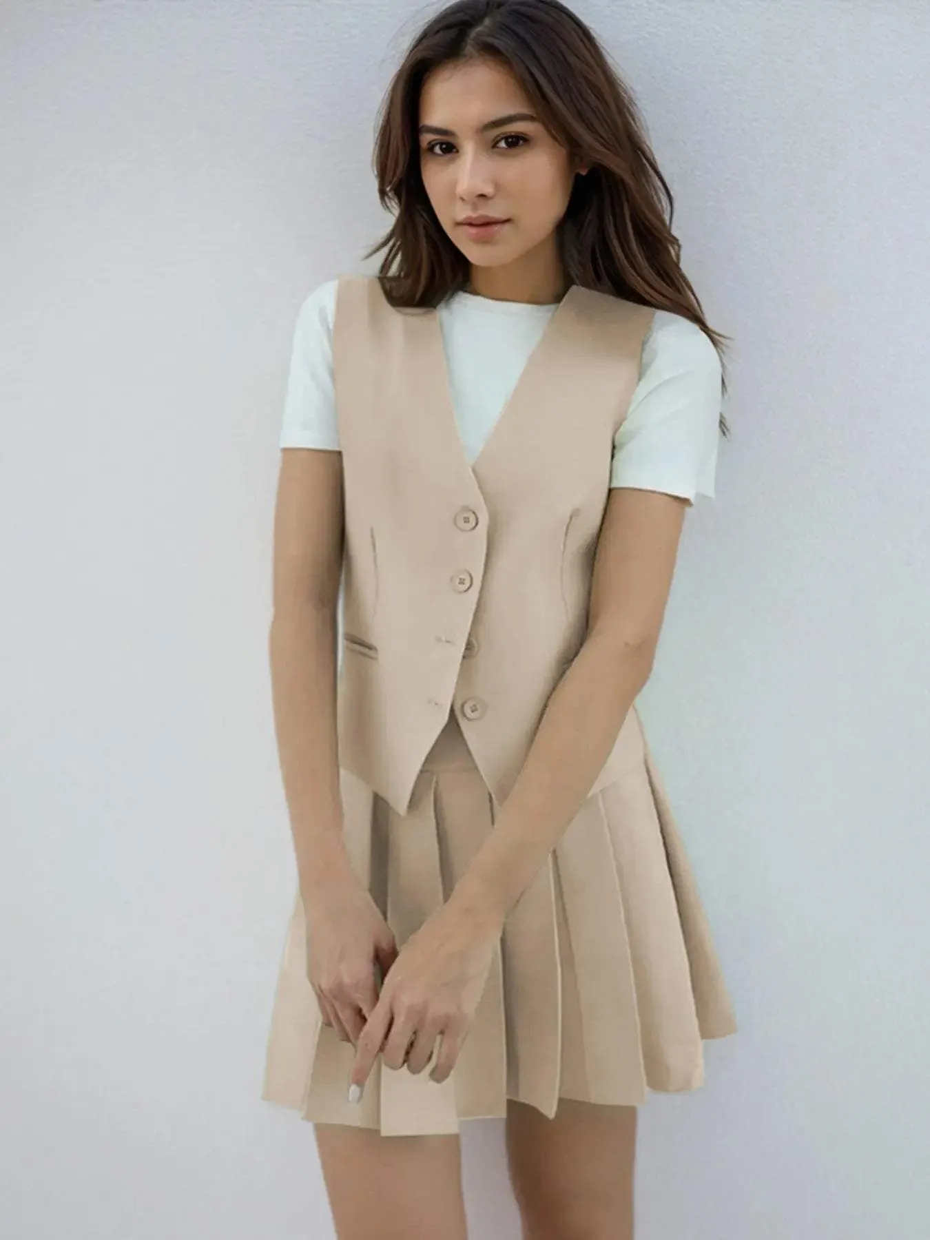 Summer Elegant V Neck Sleeveless Button Tank & Pleated Mini Skirt Co-ord