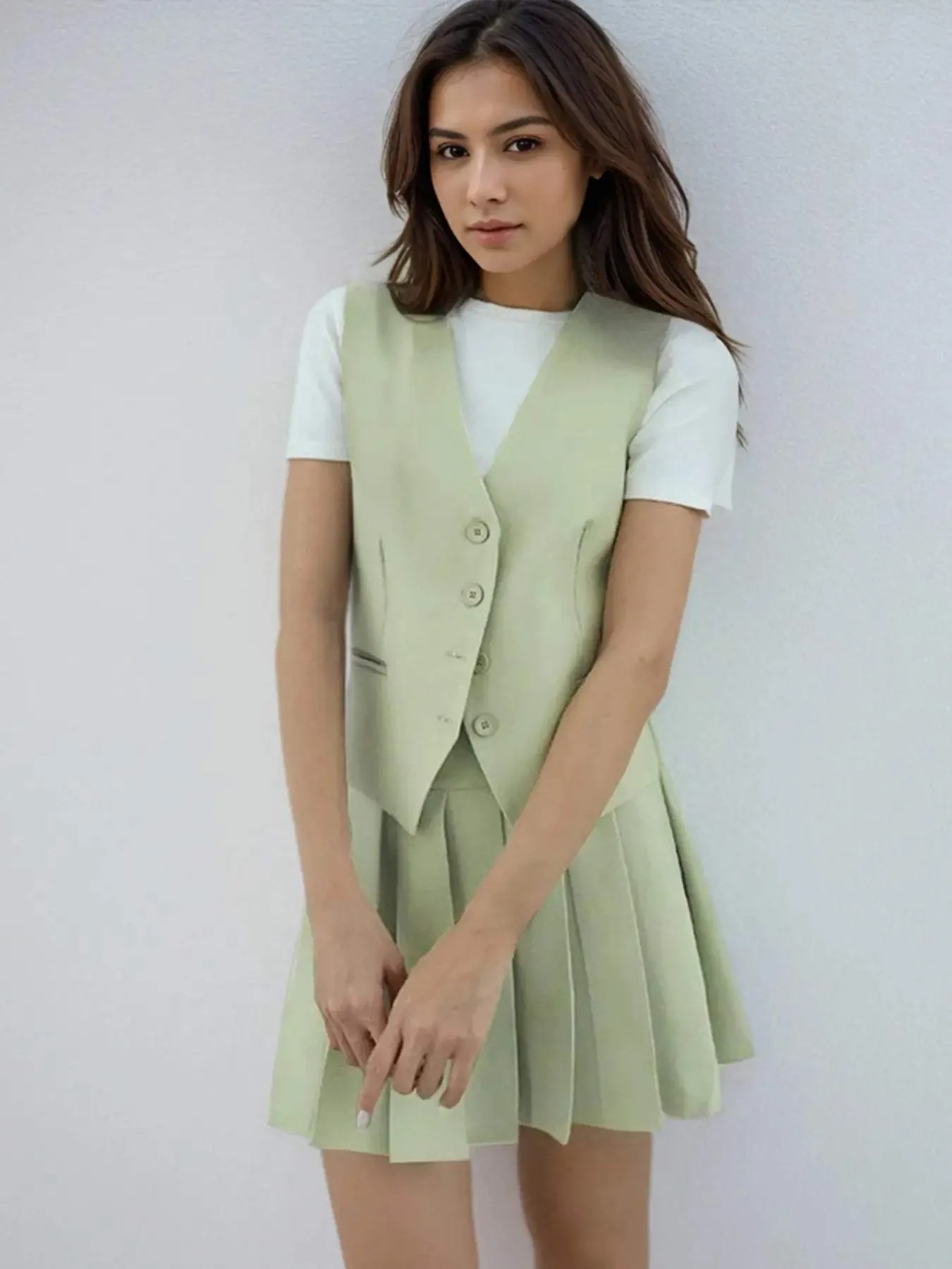 Summer Elegant V Neck Sleeveless Button Tank & Pleated Mini Skirt Co-ord