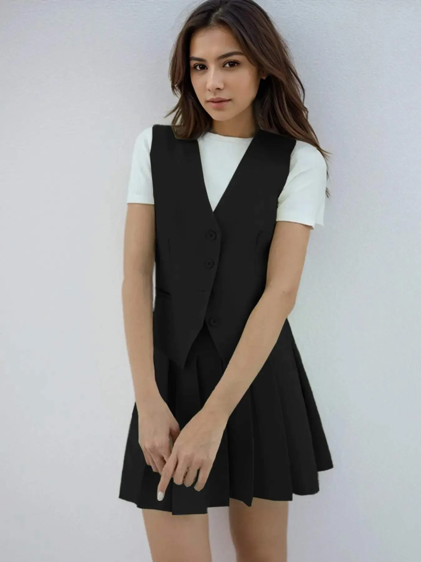 Summer Elegant V Neck Sleeveless Button Tank & Pleated Mini Skirt Co-ord