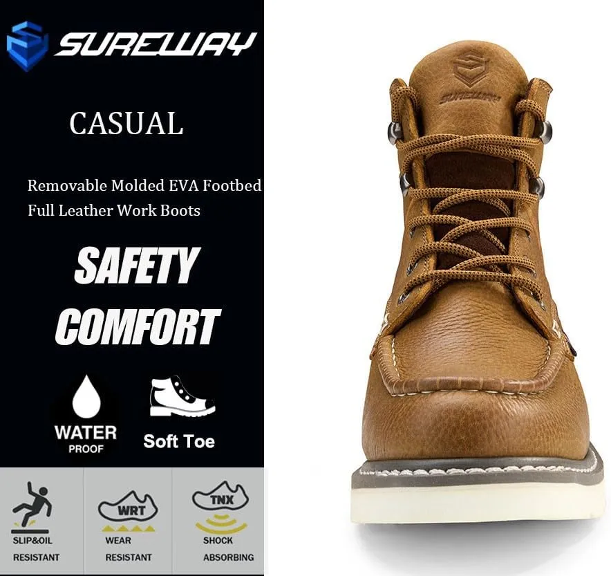 SUREWAY Men 6 Inch Waterproof Soft Toe Work Boots - Moc Toe,Construction Industrial Safety Leather Work Shoes,Oil/Slip Resistant Comfortable Wedge Outsole,EH Rated,Goodyear Welt,Lace Up,Heavy Duty
