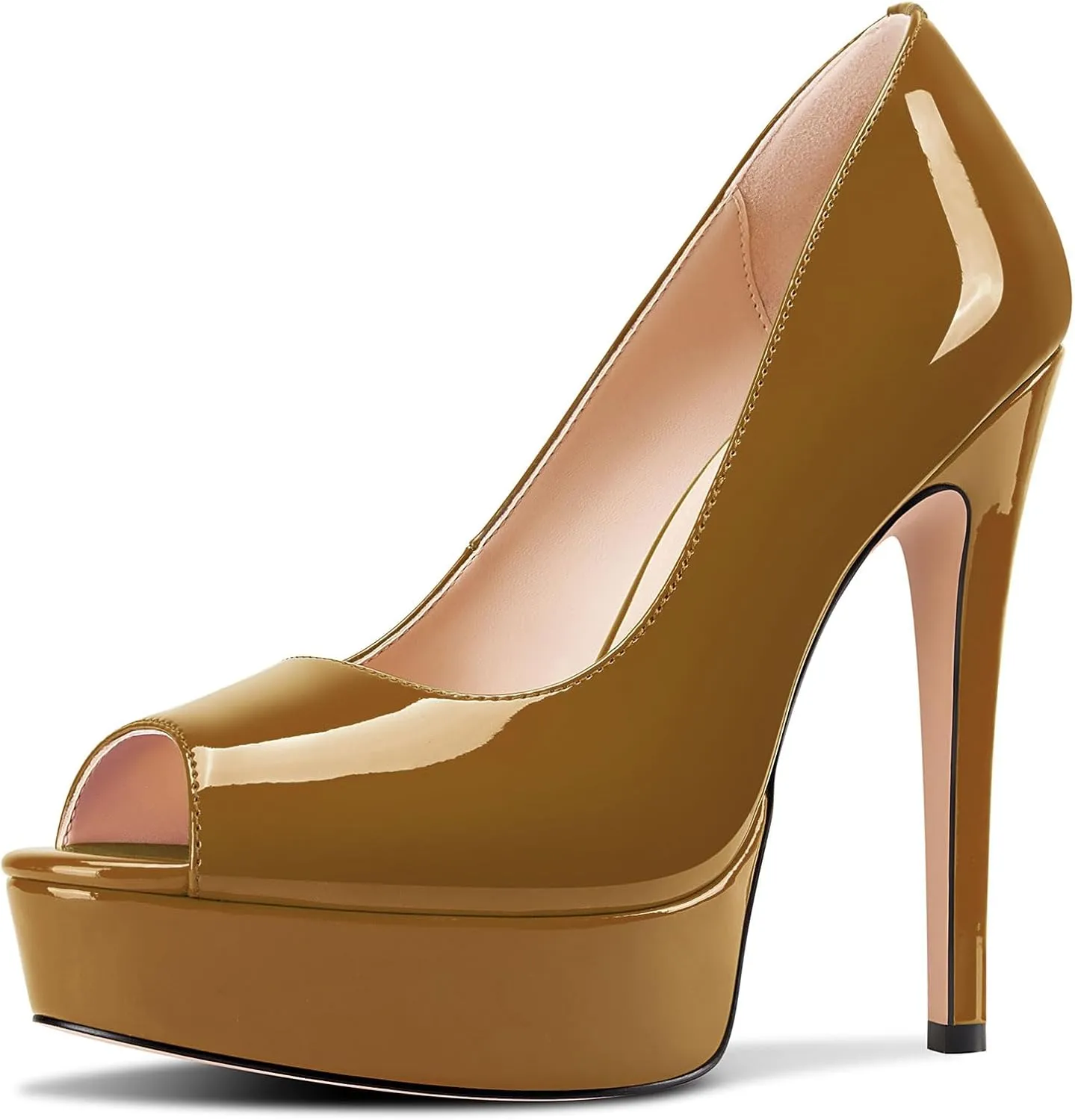 TNYNFBEB Peep Open Toe Stiletto High Platform Heel Pumps Slip-on Prom Party Dress Patent Leather 5.3 Inches Heels