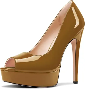 TNYNFBEB Peep Open Toe Stiletto High Platform Heel Pumps Slip-on Prom Party Dress Patent Leather 5.3 Inches Heels