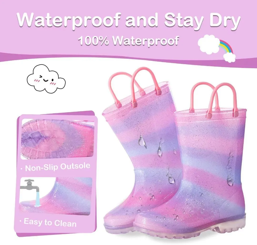 Toddler Kids Rain Boots Boys Girls Light Up Waterproof Boot with Handles