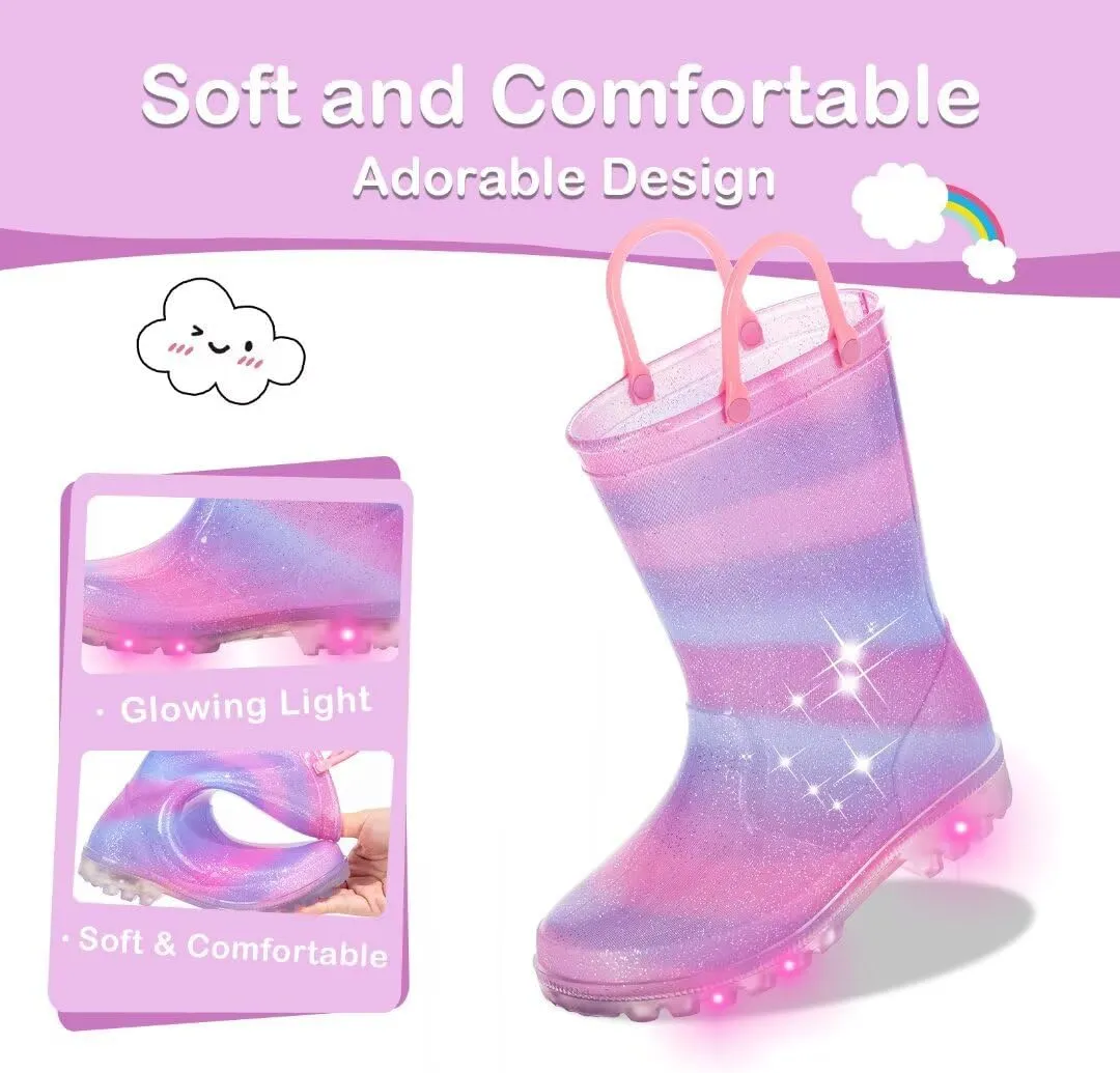 Toddler Kids Rain Boots Boys Girls Light Up Waterproof Boot with Handles