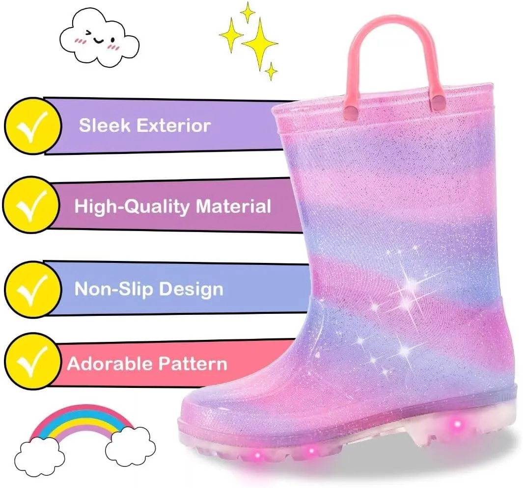 Toddler Kids Rain Boots Boys Girls Light Up Waterproof Boot with Handles