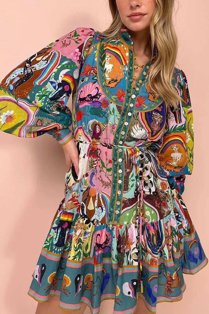 Unishe - Casual Graffiti Evergreen Printing Mini Dress
