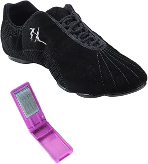 Very Fine Dance Shoes - Unisex Dance Sneakers - Flat Heel Gum Sole - VFSN016 and Foldable Brush Bundle - Black Suede - 10.5