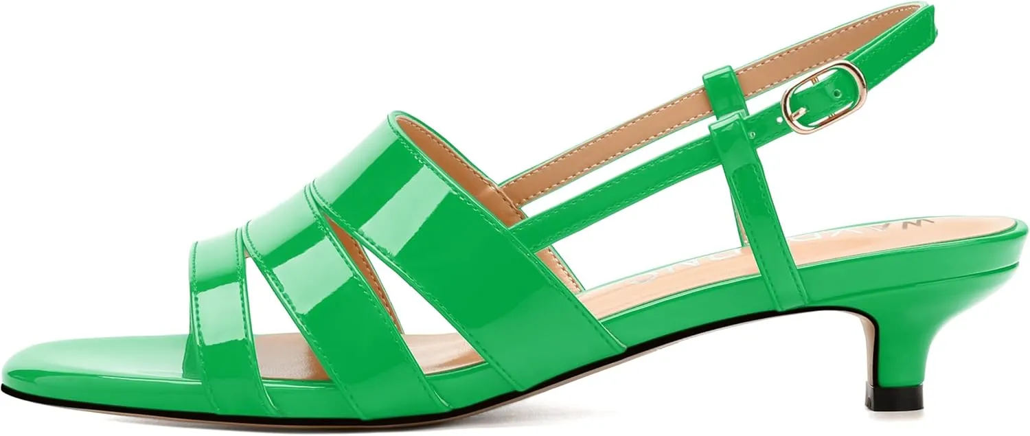 WAYDERNS Kitten Heels for Women Open Round Toe Patent Slingback Buckle 1.5 Inch Strappy Sandals Comfortable Casual Prom Party Dress Shoes
