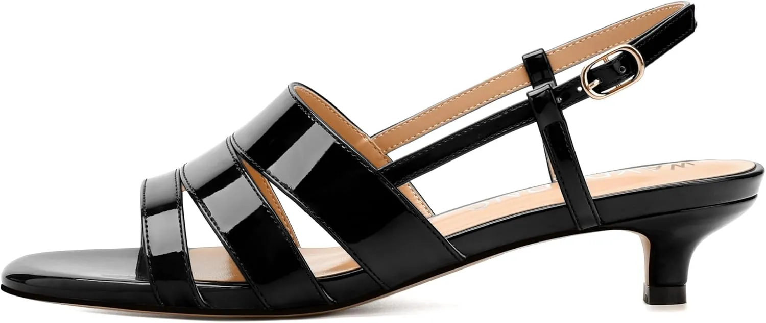 WAYDERNS Kitten Heels for Women Open Round Toe Patent Slingback Buckle 1.5 Inch Strappy Sandals Comfortable Casual Prom Party Dress Shoes