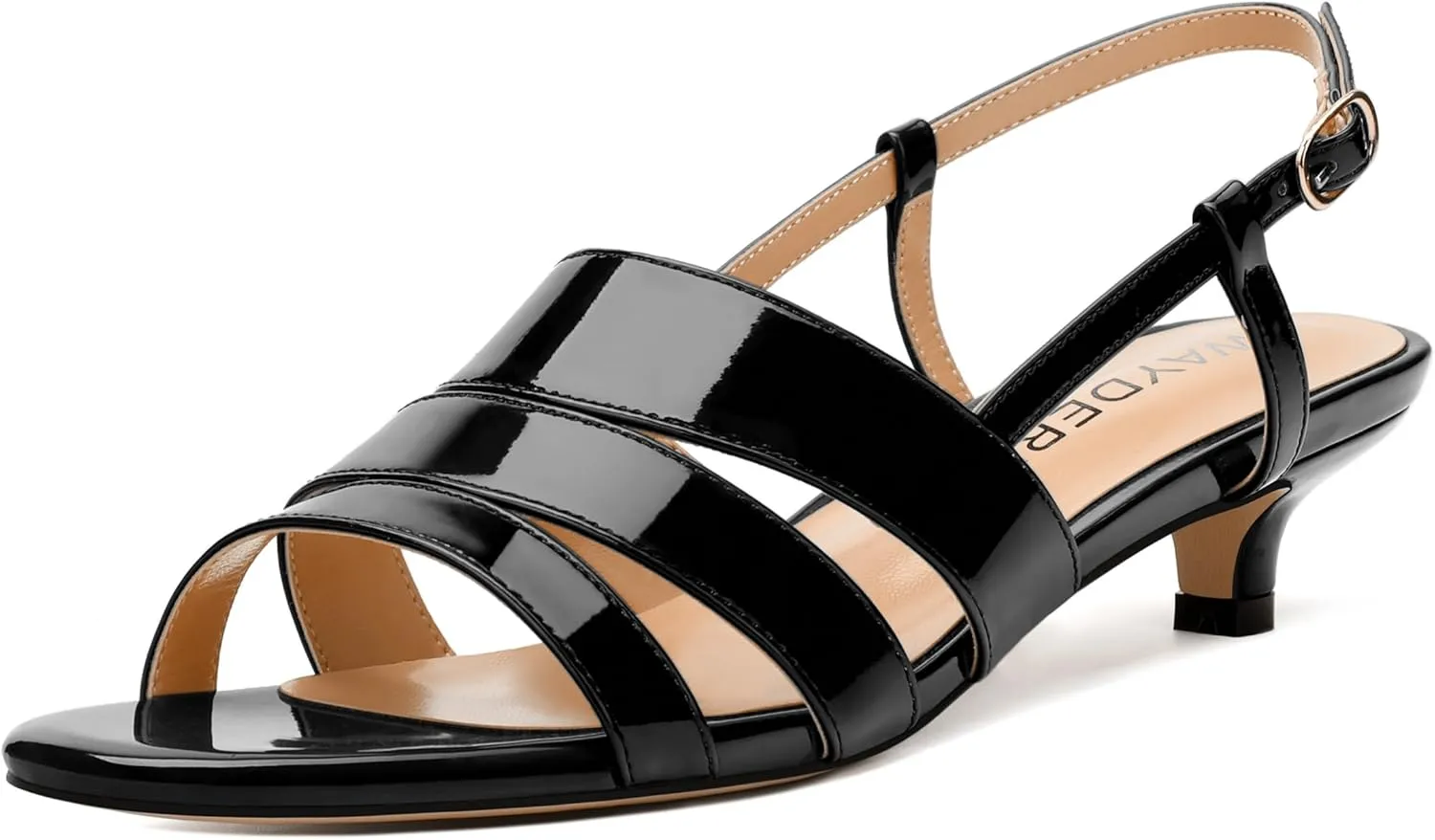 WAYDERNS Kitten Heels for Women Open Round Toe Patent Slingback Buckle 1.5 Inch Strappy Sandals Comfortable Casual Prom Party Dress Shoes