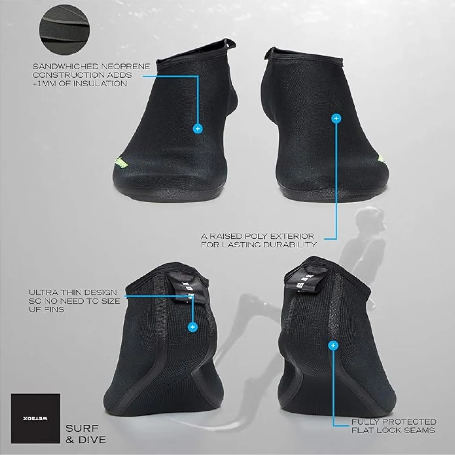 Wetsox Reinforced 1 MM Fin Socks | Durable Chaff Protection & Insulation | Lightweight, Comfortable Dive Socks