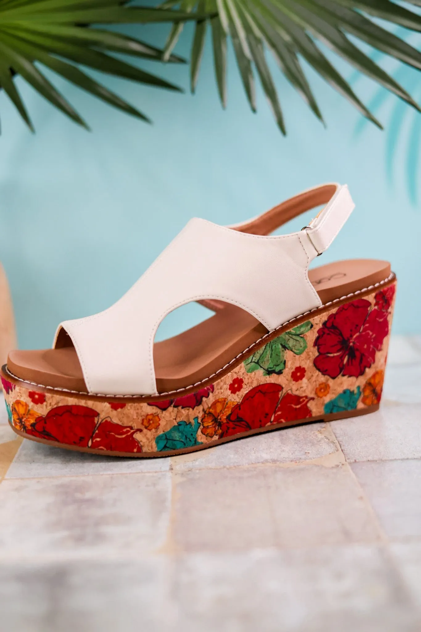 White Freddie Wedges with Floral Cork Heel