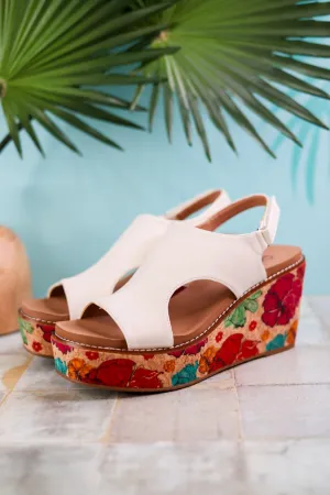 White Freddie Wedges with Floral Cork Heel