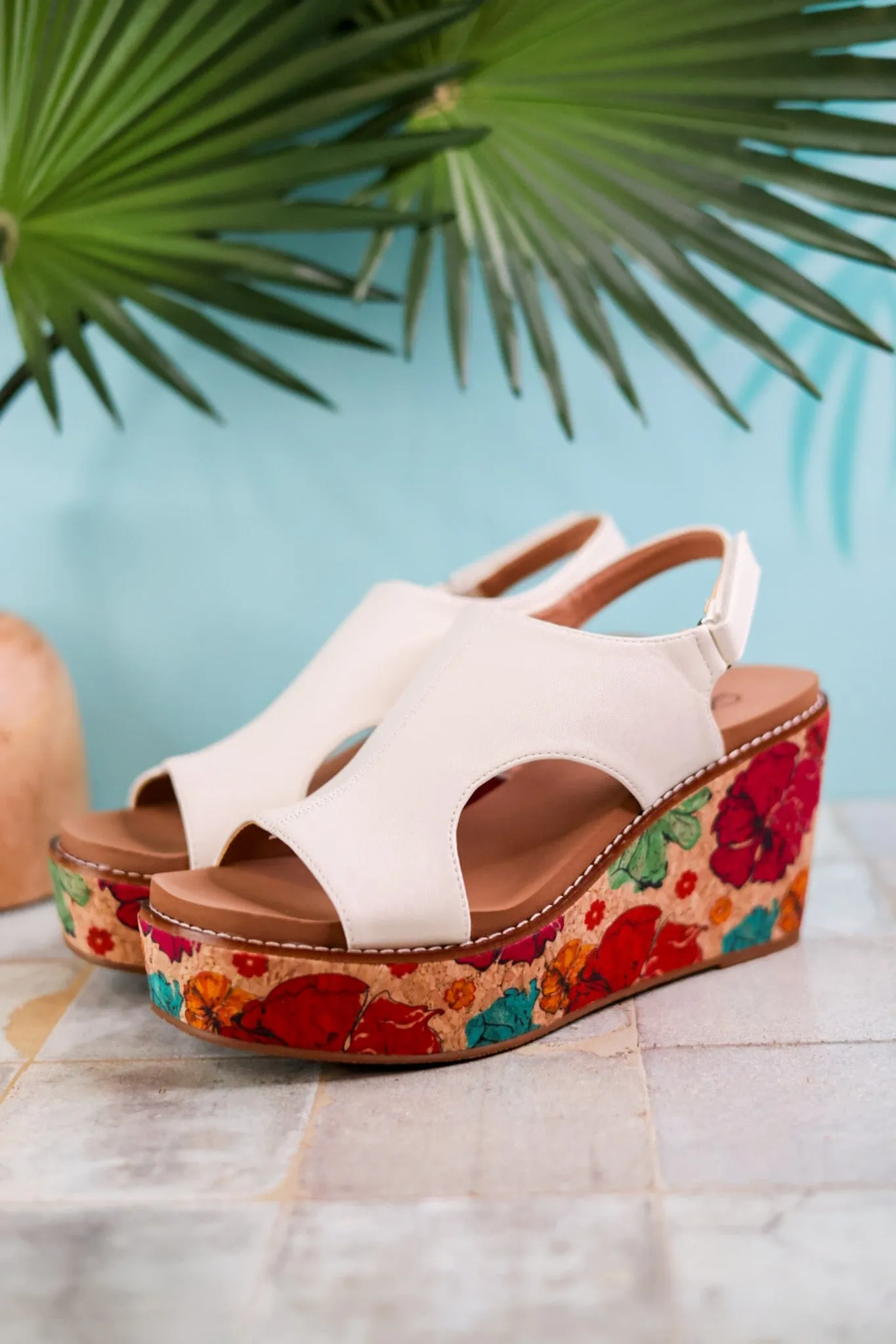White Freddie Wedges with Floral Cork Heel