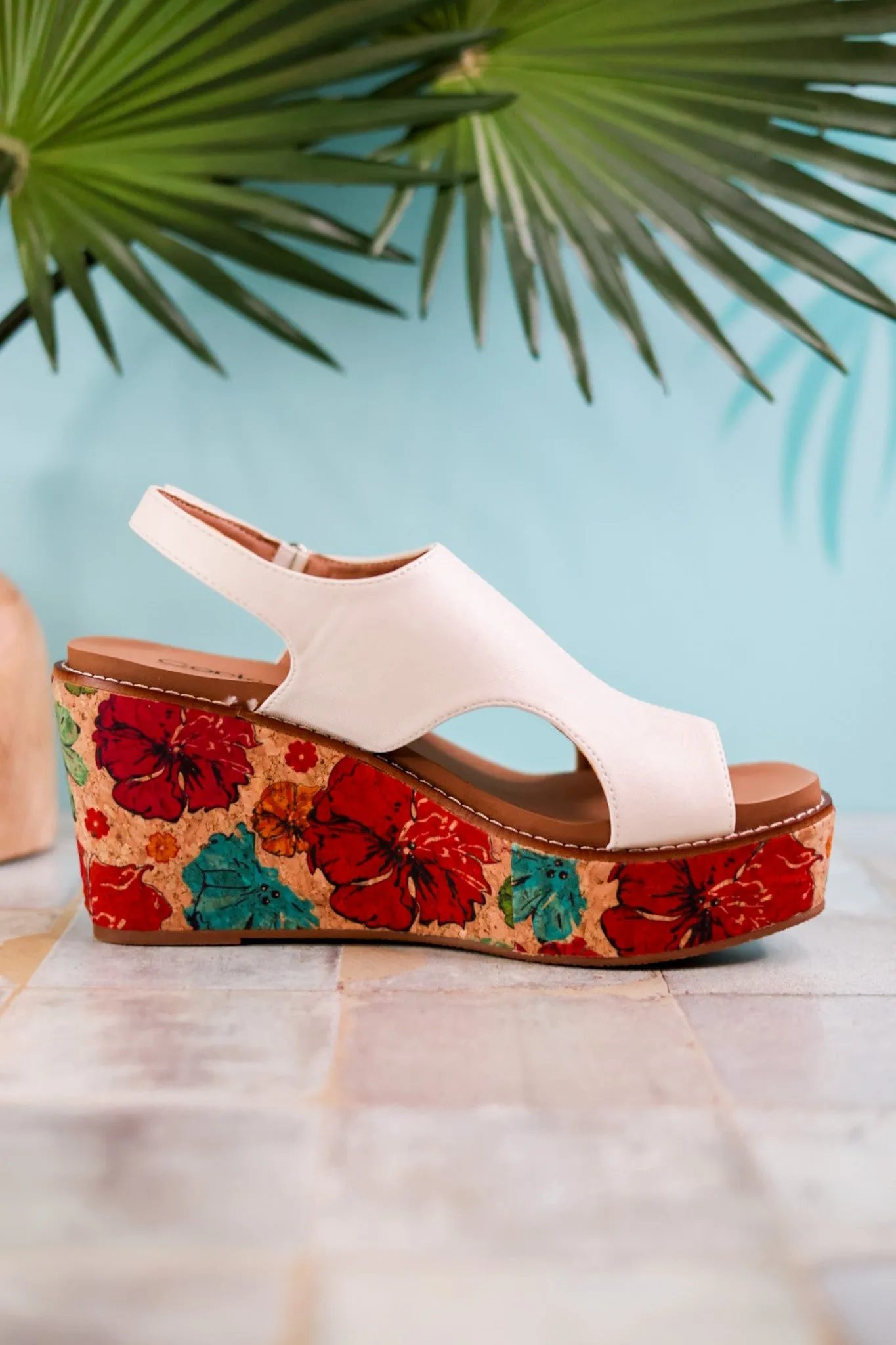 White Freddie Wedges with Floral Cork Heel