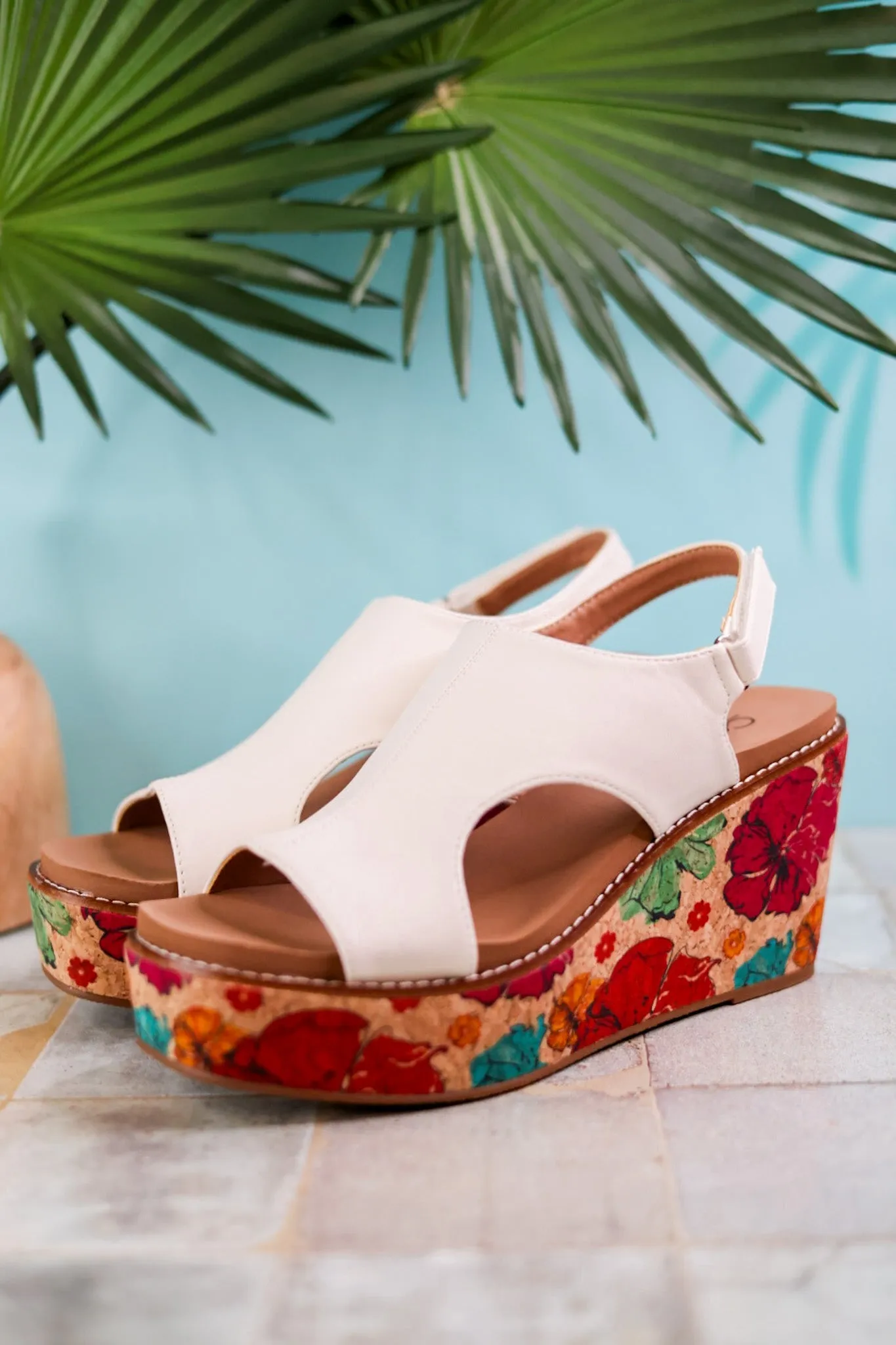 White Freddie Wedges with Floral Cork Heel