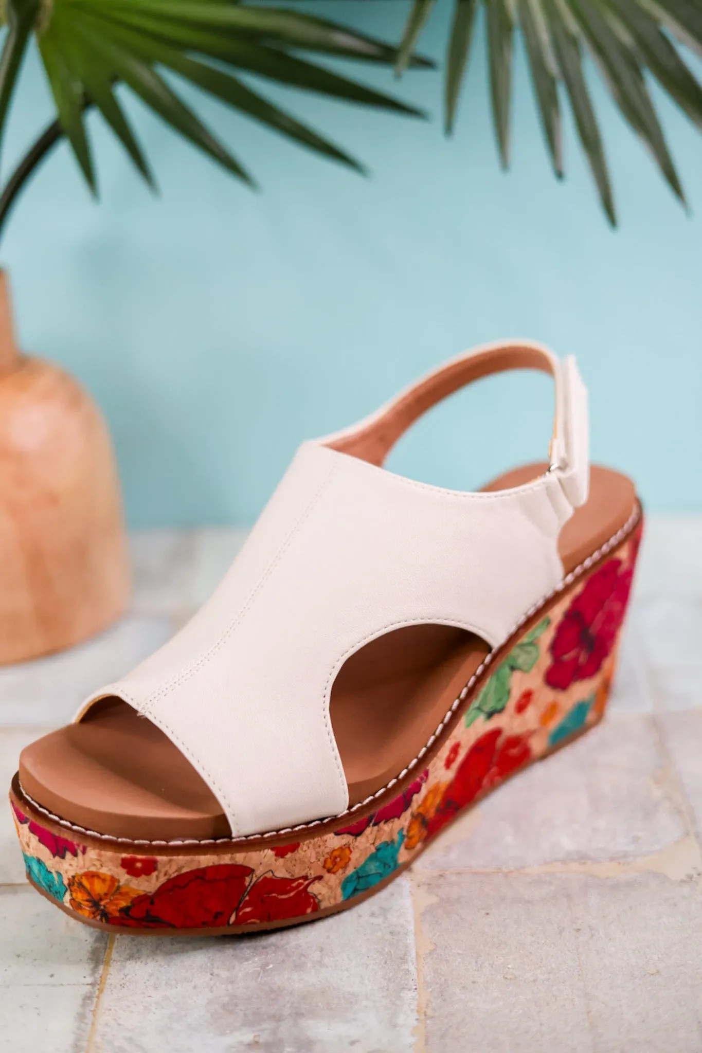 White Freddie Wedges with Floral Cork Heel