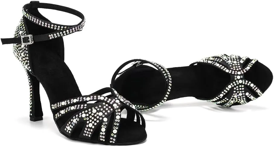 Women Rhinestone Latin Dance Shoes Ballroom Salsa Performance Dancing Heels 4 Inch Heel Nude/Black/Brown