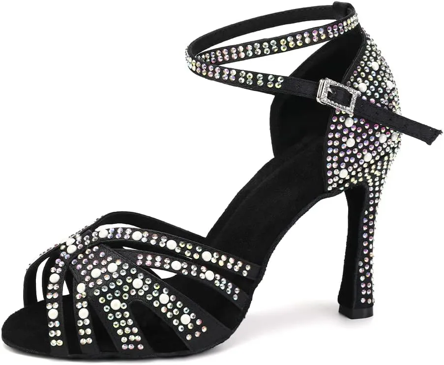 Women Rhinestone Latin Dance Shoes Ballroom Salsa Performance Dancing Heels 4 Inch Heel Nude/Black/Brown
