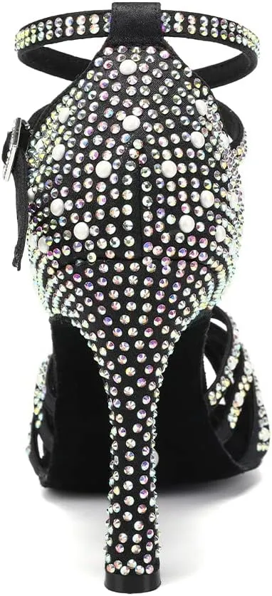 Women Rhinestone Latin Dance Shoes Ballroom Salsa Performance Dancing Heels 4 Inch Heel Nude/Black/Brown
