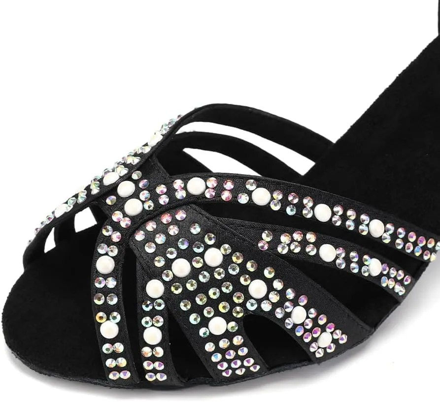 Women Rhinestone Latin Dance Shoes Ballroom Salsa Performance Dancing Heels 4 Inch Heel Nude/Black/Brown