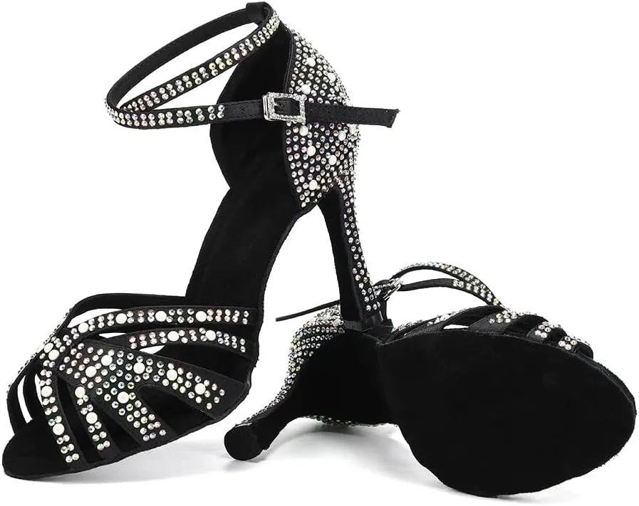 Women Rhinestone Latin Dance Shoes Ballroom Salsa Performance Dancing Heels 4 Inch Heel Nude/Black/Brown