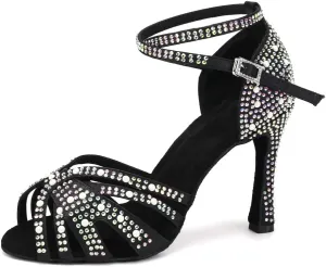 Women Rhinestone Latin Dance Shoes Ballroom Salsa Performance Dancing Heels 4 Inch Heel Nude/Black/Brown