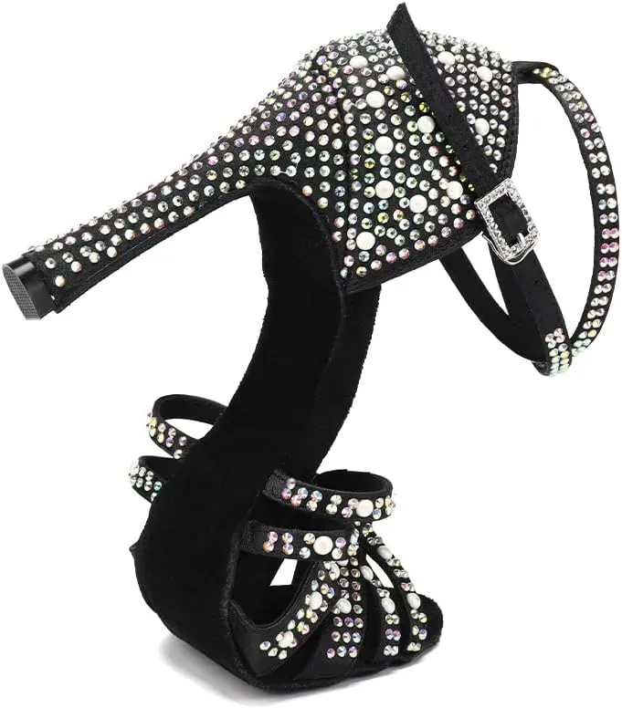 Women Rhinestone Latin Dance Shoes Ballroom Salsa Performance Dancing Heels 4 Inch Heel Nude/Black/Brown