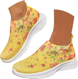 Women Rhinestone Slip On Mesh Sneakers Orthopedic Floral Print Sock Shoes Walking Running Sports Shoes,Crystal Jazz Latin Dance Shoes,Fashion Platform Sparkly Shoes