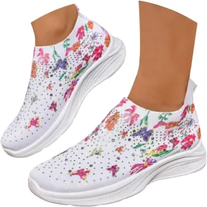 Women Rhinestone Slip On Mesh Sneakers Orthopedic Floral Print Sock Shoes Walking Running Sports Shoes,Crystal Jazz Latin Dance Shoes,Fashion Platform Sparkly Shoes