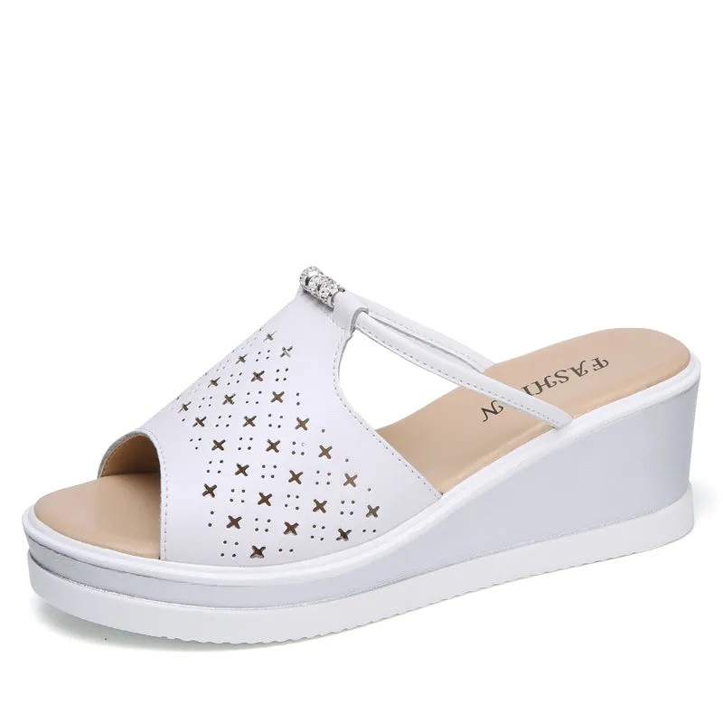 Women Slipper Sandals Heels Wedges Platform Leather Summer Shoes