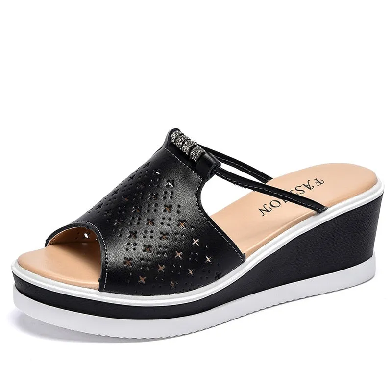 Women Slipper Sandals Heels Wedges Platform Leather Summer Shoes