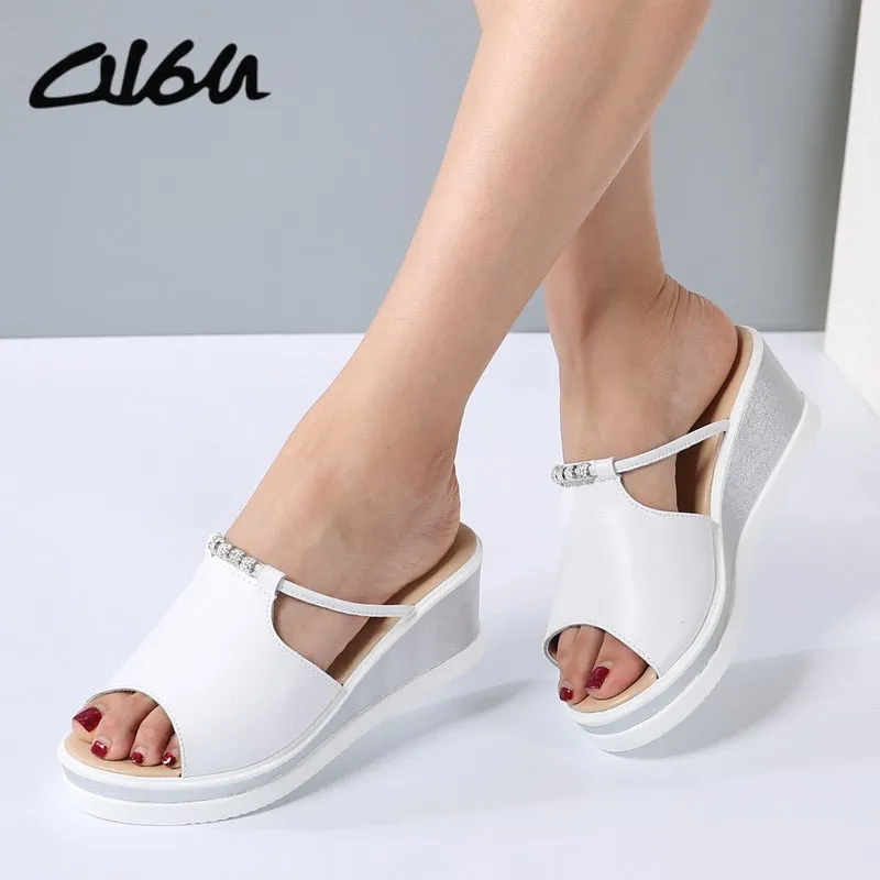 Women Slipper Sandals Heels Wedges Platform Leather Summer Shoes