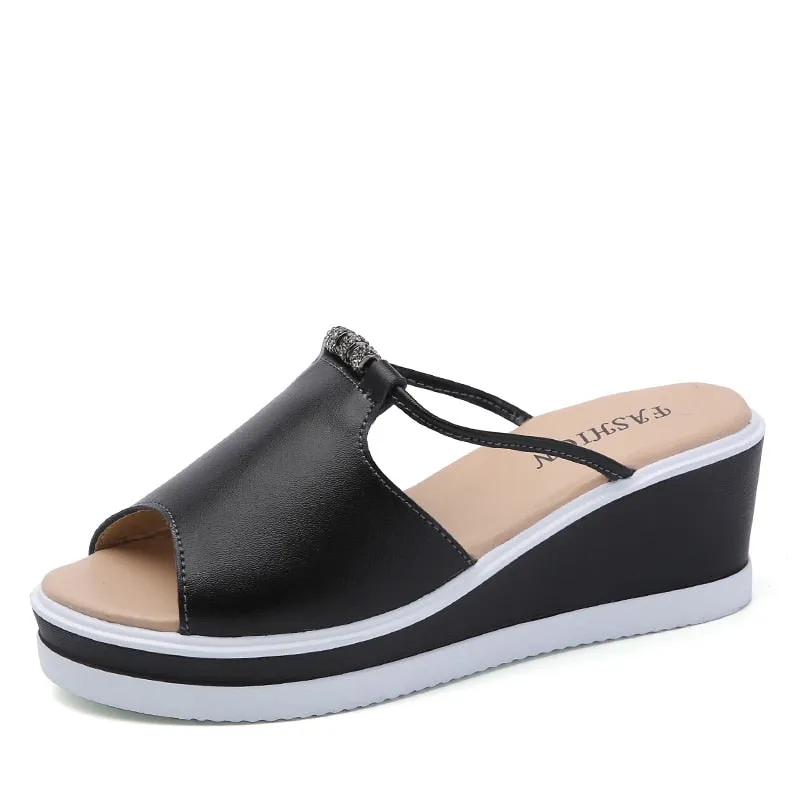 Women Slipper Sandals Heels Wedges Platform Leather Summer Shoes