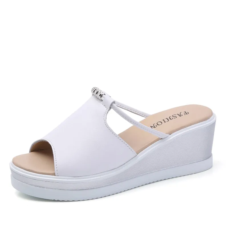 Women Slipper Sandals Heels Wedges Platform Leather Summer Shoes