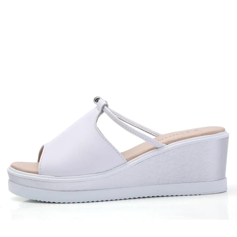 Women Slipper Sandals Heels Wedges Platform Leather Summer Shoes
