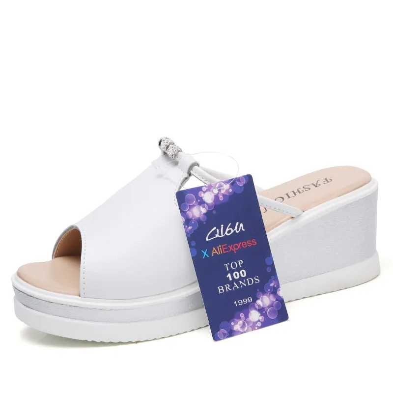 Women Slipper Sandals Heels Wedges Platform Leather Summer Shoes